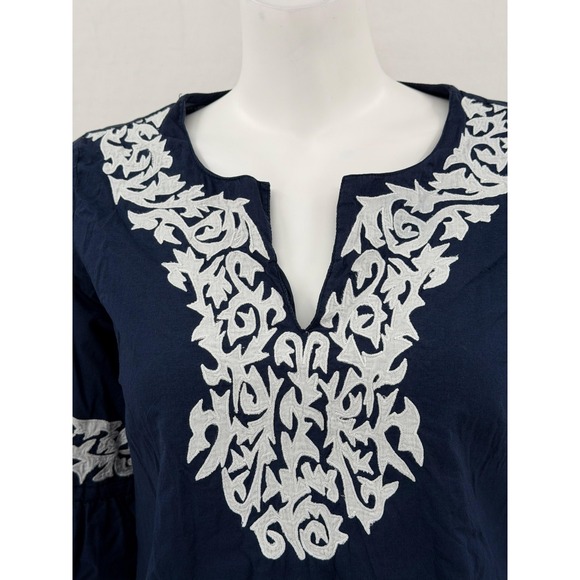 Gretchen Scott Top Women Small Navy White Tunic Sheer 100% Cotton Nautical Beach - Picture 2 of 9